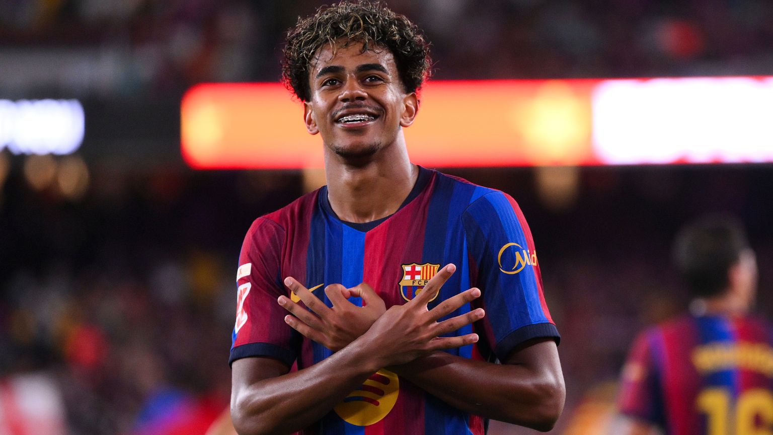 Lamine Yamal of FC Barcelona celebrates their team's fifth goal during the LaLiga EA Sports 2026/27 match