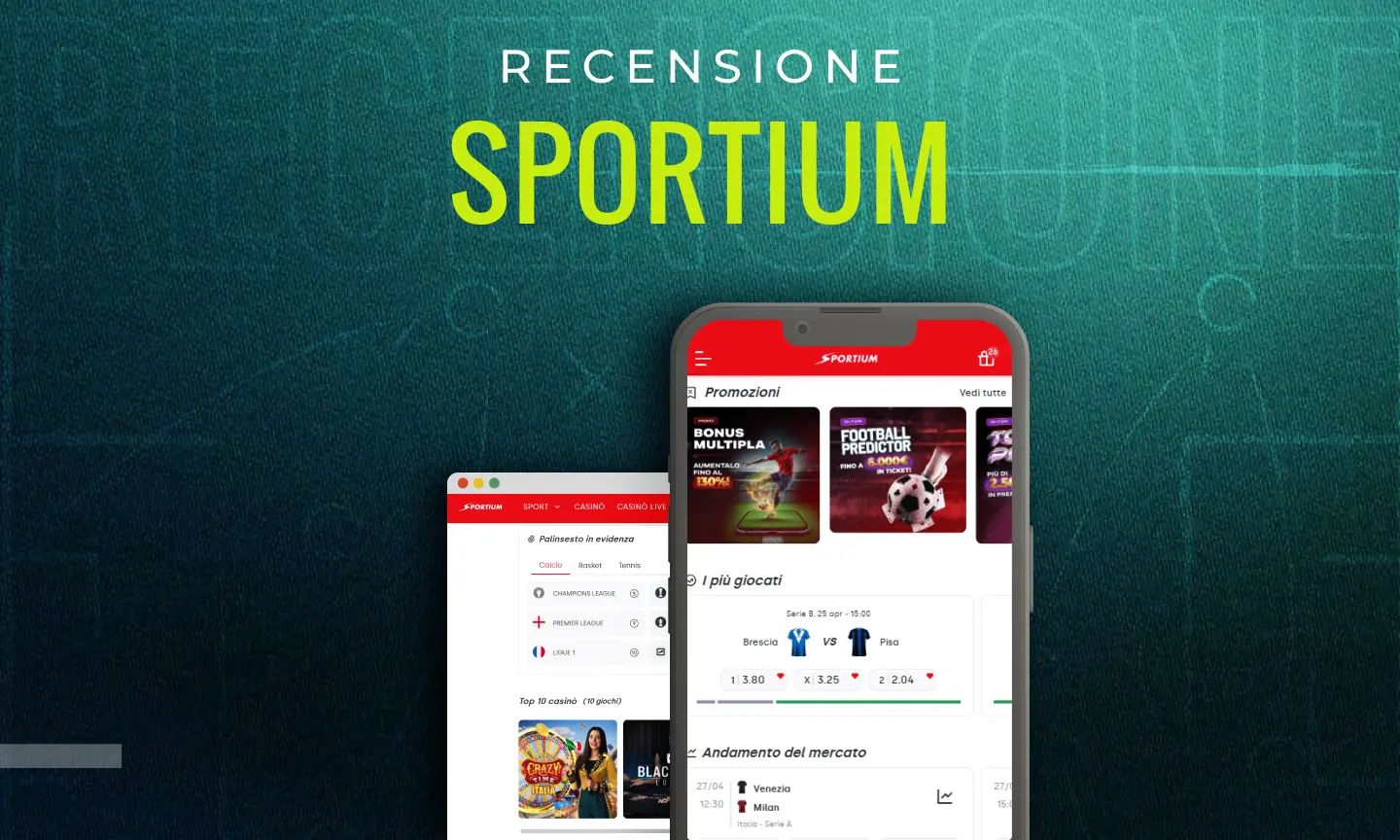 Interfaccia della piattaforma Sportium su desktop e mobile